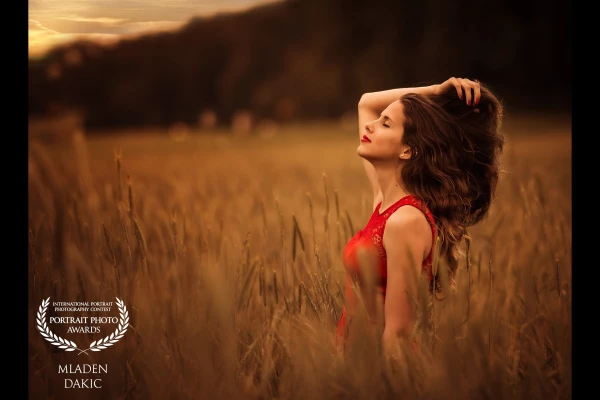 It was a beautiful warm summer evening when I met my Model Vanessa to take some shots out in the fields not far away from where we live. The selected photo, I called it "an evening in the fields", is just one of the many fantastic photos we made during this evening. I retouched the pictures to get these brown warm colors for a unique look. The light source was natural light only.